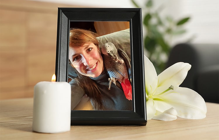 Pet funeral. Frame with picture of dog, burning candle and lily flower on wooden table indoors