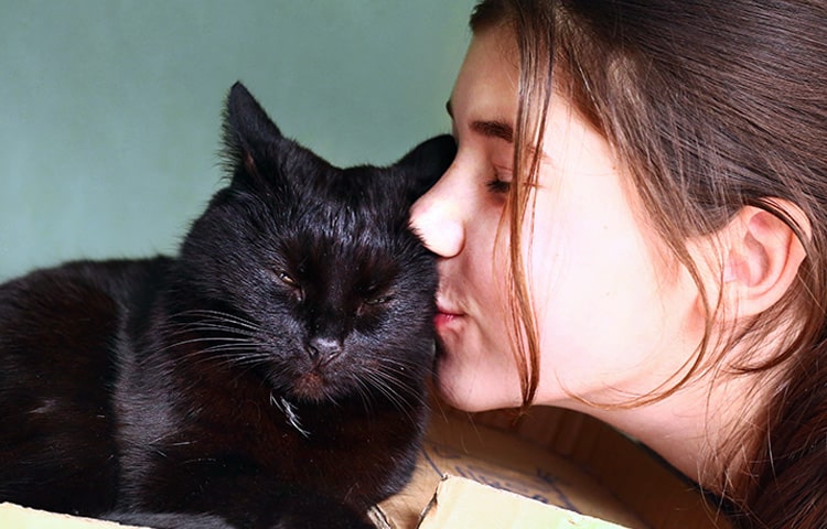 Close up of a young woman affectionately kissing a black cat resting in a cardboard box.
